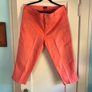 NYDJ cropped jeans. Salmon/melon color. Sequin trim at leg slit.